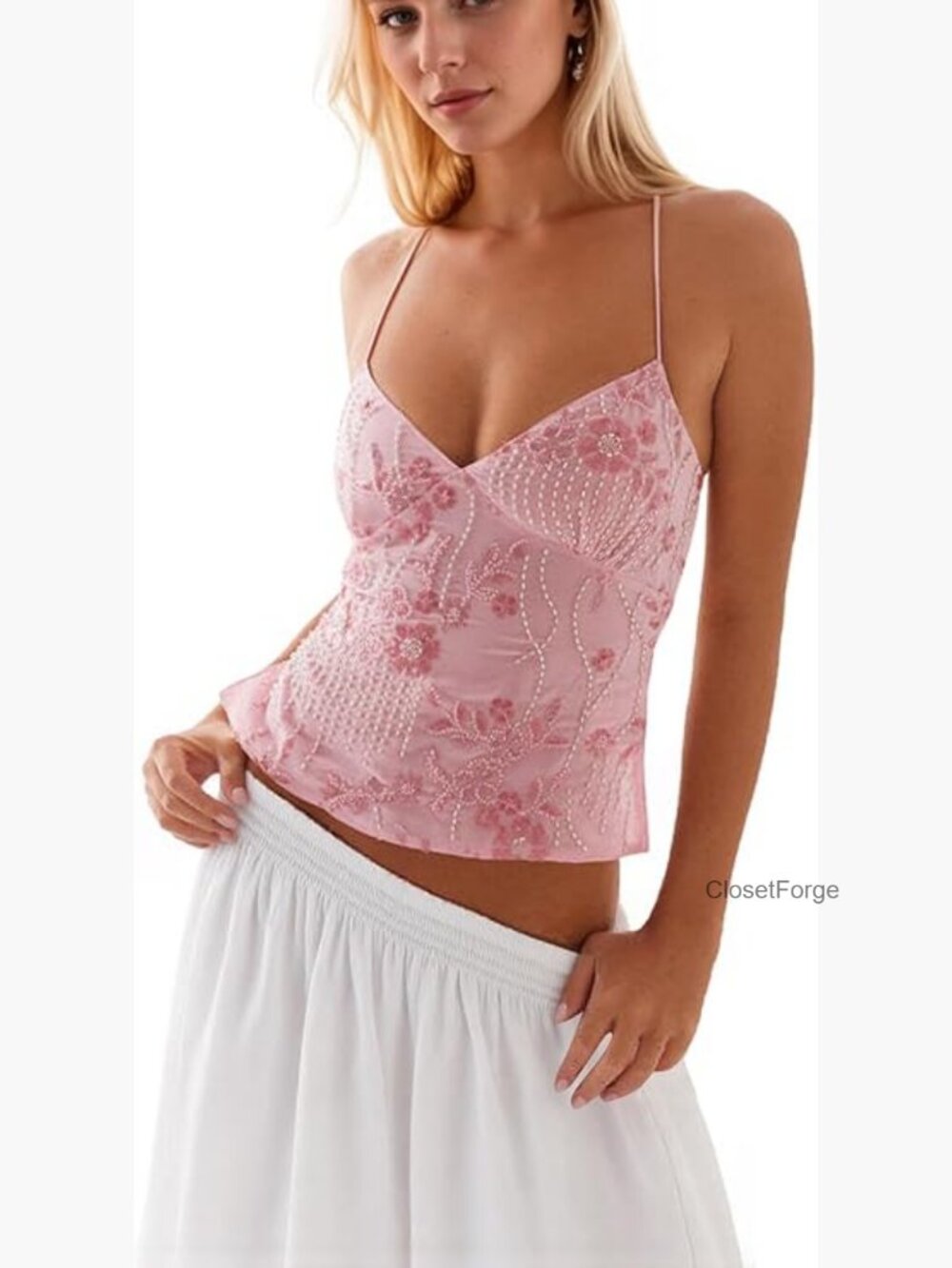 Sequin Cami Top Rhinestone Sparkle Sleeveless V Neck Open Back Crop Top Party